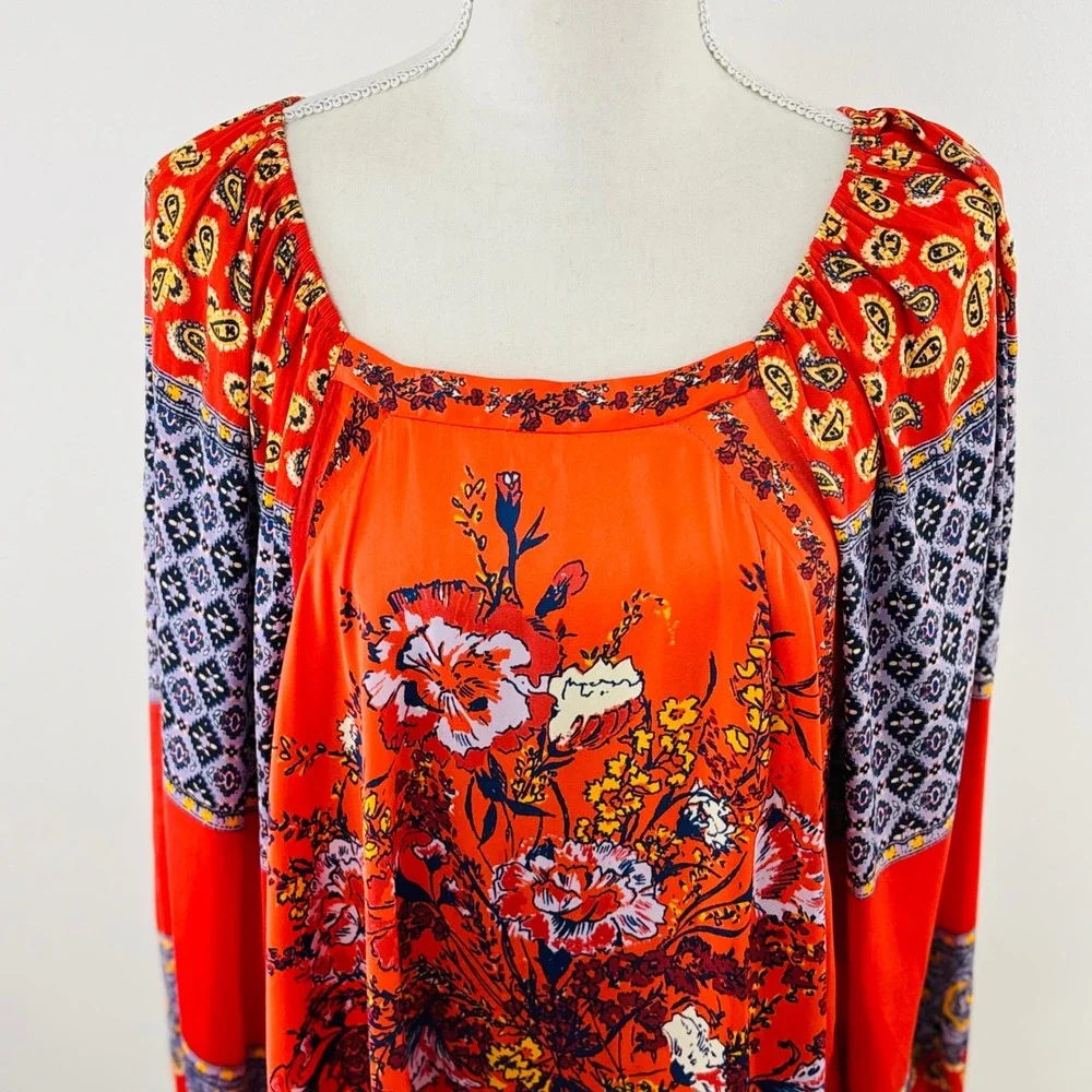 Free People Orange‎ Mixed Floral Paisley Boho Balloon Sleeve Peasant Blouse XS